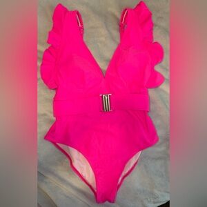 DAVI & DANI Belted Vibrant Pink One Piece with Ruffles